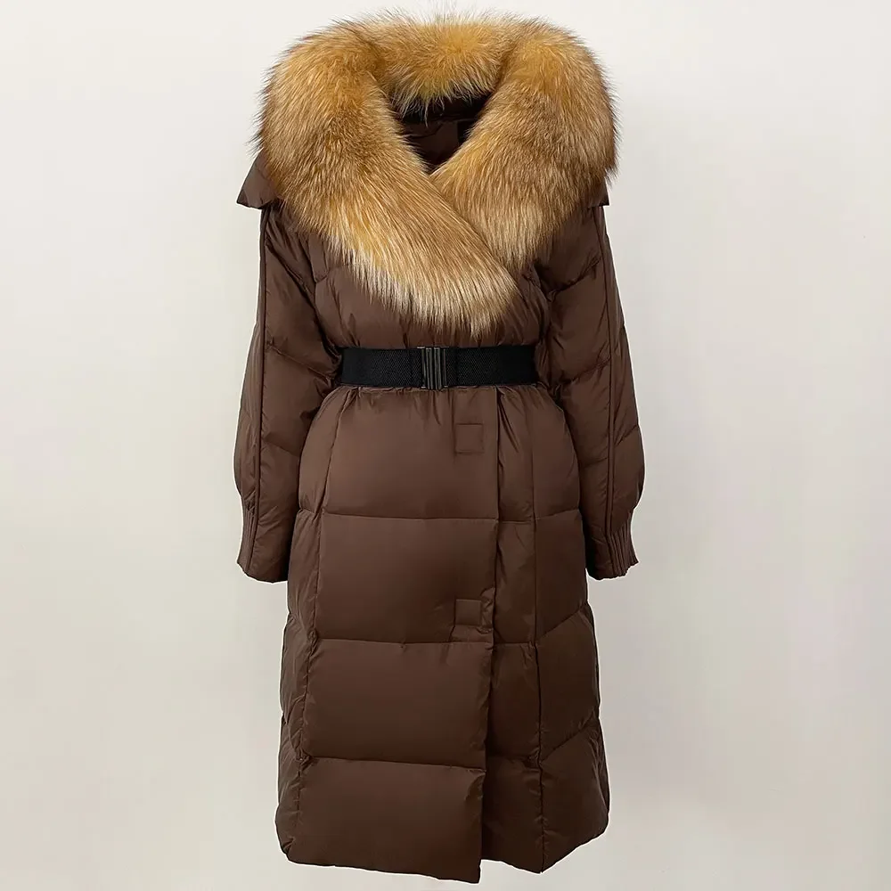 White Goose Down Coat Belt Real Raccoon Fox Fur Collar Long Natural Jacket Women 2024 Winter Thick Warm Casual Outerwear