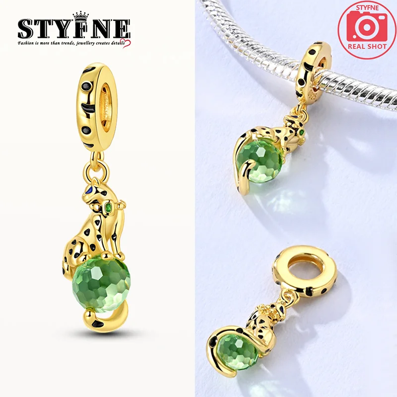 Charms Silver 925 Green Zircon Leopard Animal Pendants Fit Charms Plata 925 Original Bracelet Beads Women Jewellery Making Diy