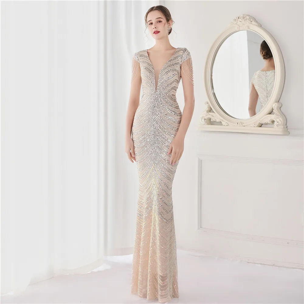 

Formal Women Evening Mermaid Glitter Dress Beading Crystal Maxi Deep V Maxi Vestidos Female Wedding Banquet Gala Dress New Year