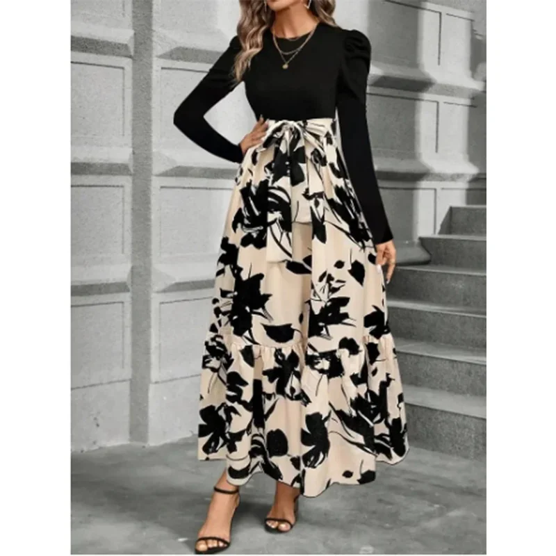 2025 جديد أنيق كتلة اللون فساتين النساء الجولة الرقبة طويلة الأكمام أعلى الأزهار فستان مُزين بطباعة الخريف سيدة حفلة بيت الدب 002