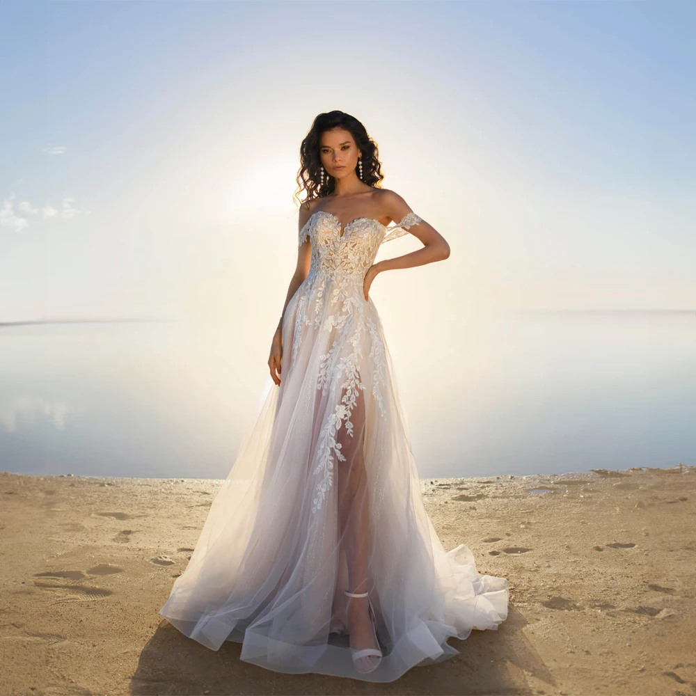 Off The Shoulder Applique Tule Trouwjurk Voor Bruid Sweetheart Kraag A-Line Side Split Court Trouwjurk Robe De Mariée