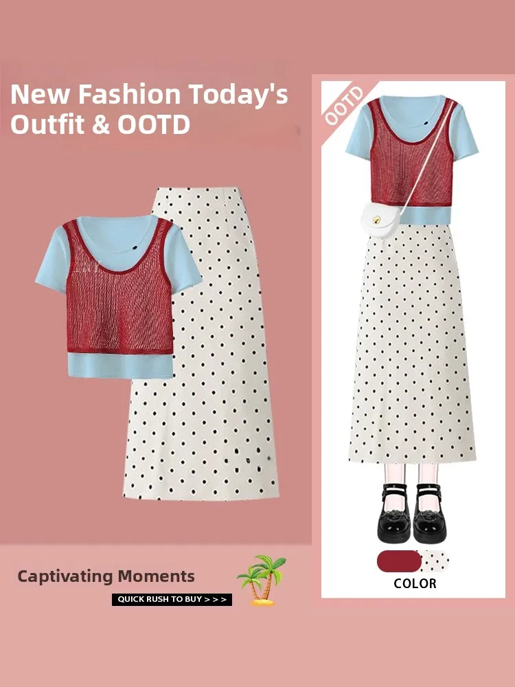 

Korean Faion Color Blo Contrast ort Sve Top And Polka Dot Skirt Two Piece Set round Ne Pullover Polyester Fiber