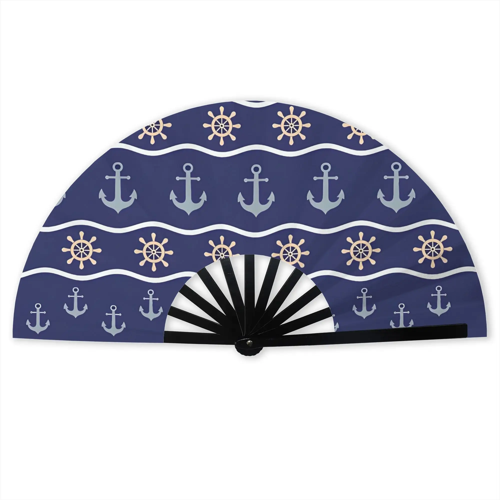 Nautical Striped  Traditional Folding Fan Oriental Art Anchor Ship Wheel Wave High-Quality Fans Gift Classic Decorative Hand Fan