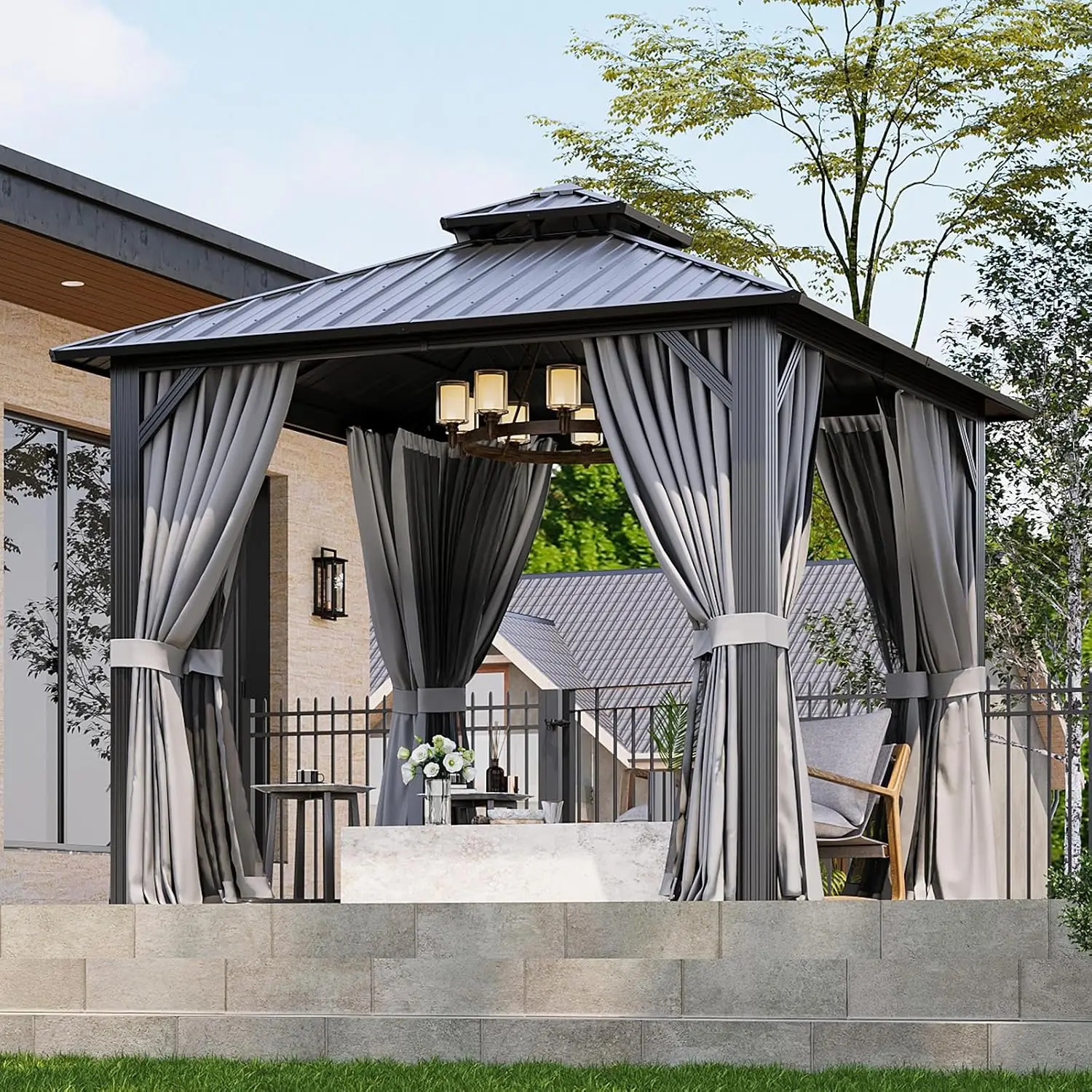 10x10FT Hardtop Gazebo Gray | Permanent Outdoor Pergola with Double Galvanized Steel Roof and Curtains and Netting, Customized
