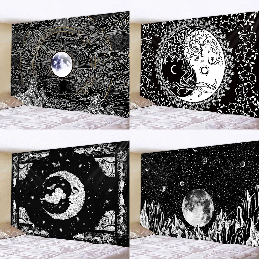Black and White Moon Mandala Tapestry Bohemian Decor Wall Hanging Bedroom Psychedelic Scene Starlight Art Home