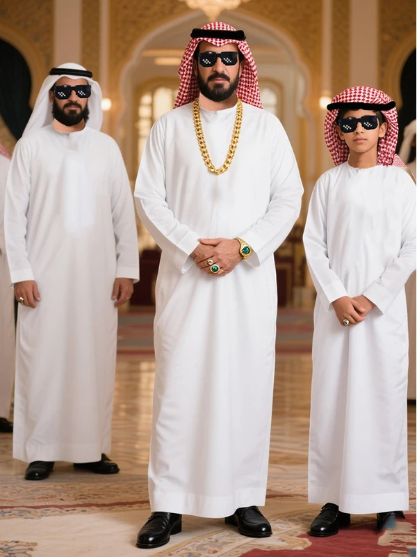 زي عباءة عربية لحفلات الهالوين، زي مضحك لأعياد الميلاد والتجمعات، زي شخصية ثرية بأسلوب الشرق الأوسط ودبي، ملابس للمهرجانات