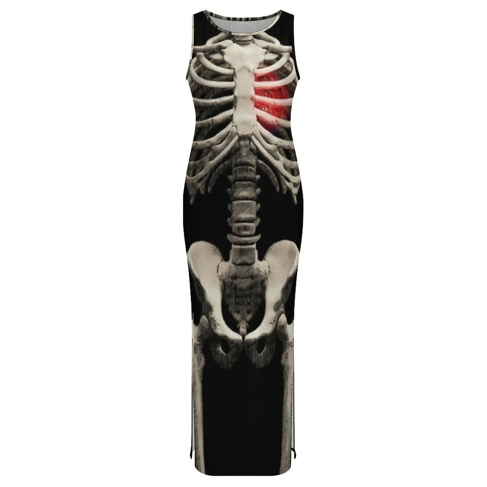 Abito Halloween Bones senza maniche Skeleton Art Heart Abiti maxi vintage Abito estivo aderente dal design stile street di grandi dimensioni