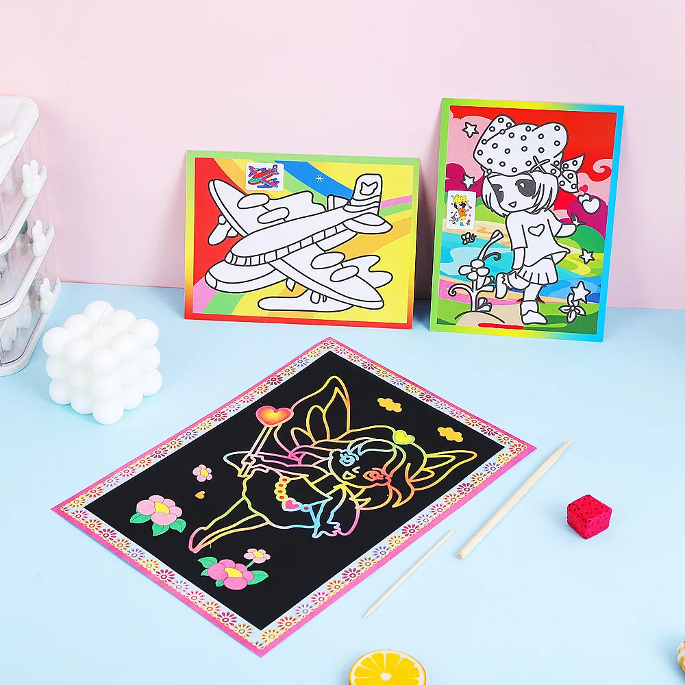 Ensemble de Papier à Gratter Arc-en-Ciel, Fournitures de Papiers à Gratter Noirs Feuilles d'Artisanat Notes Cartes (59 Pcs