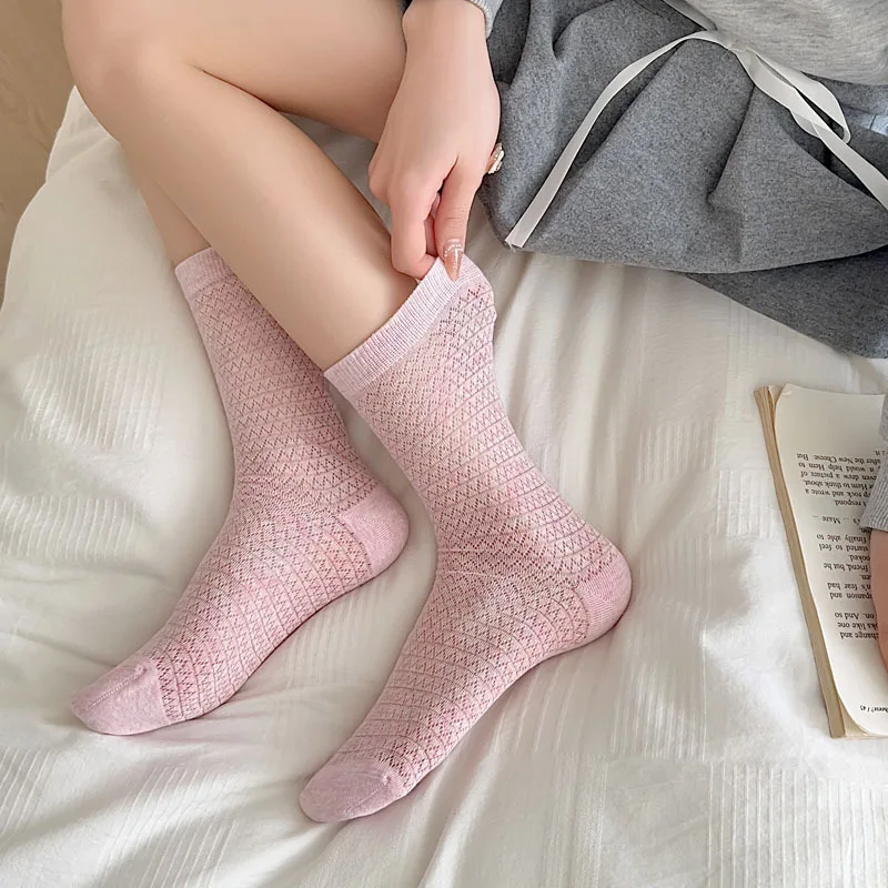 Summer Thin Women Socks Hollow Out Mesh Breathable Lace Socks JK Japanese Style Solid Color School Girls Kawaii Loose Long Socks