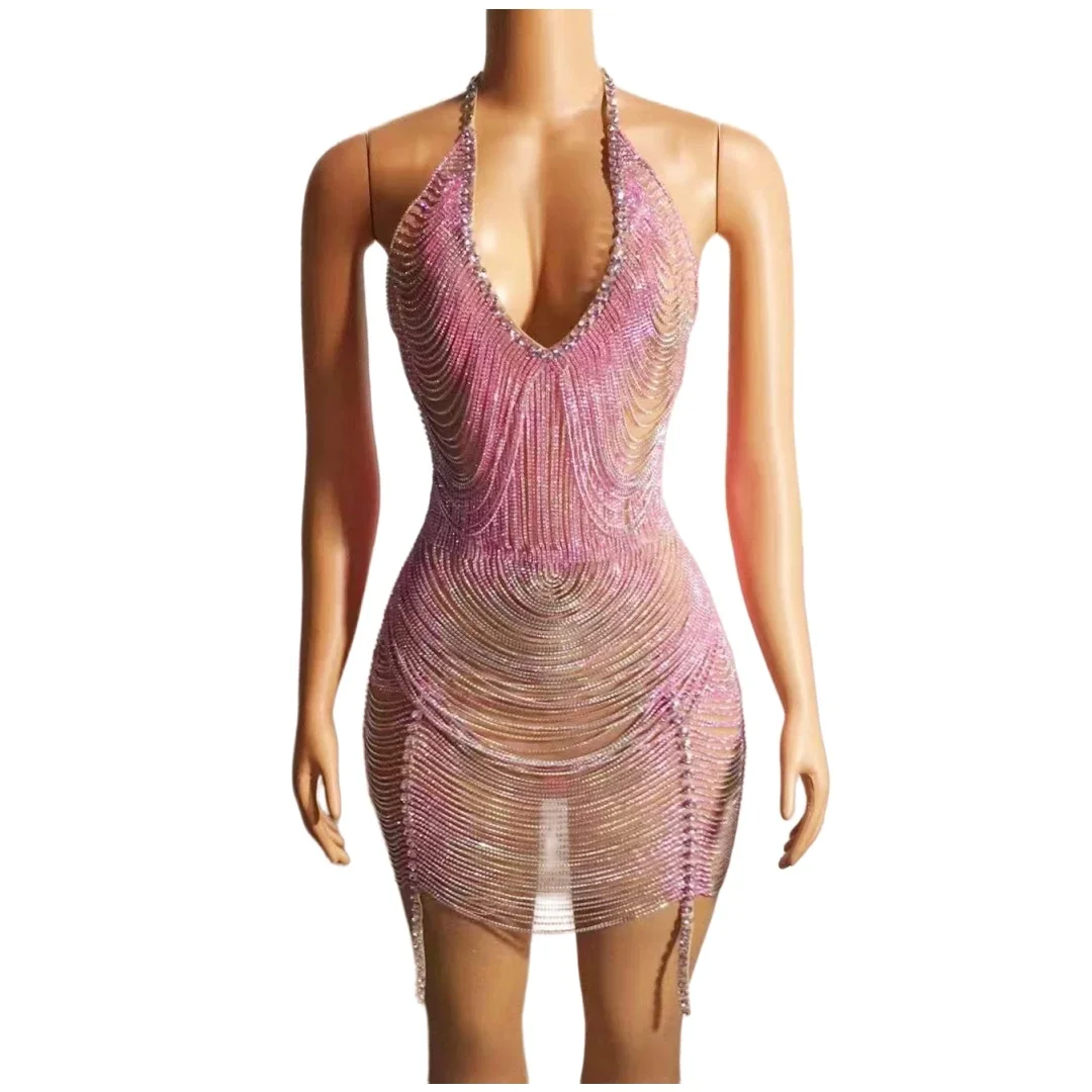 Błyszcząca seksowna sukienka bez pleców z łańcuszkiem i kryształkami dla kobiet Impreza Urodziny Występ na scenie Kostium królowej Rave Festival