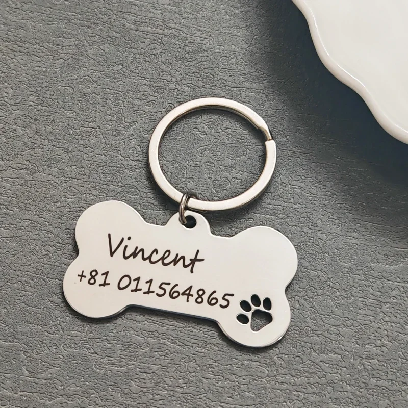 Carved Pet Name Pendant Bone Keychain Personalized Stainless Steel Leather Hollow Dog ID TAG Cat Pendants DIY Women Jewelry Gift - view 5
