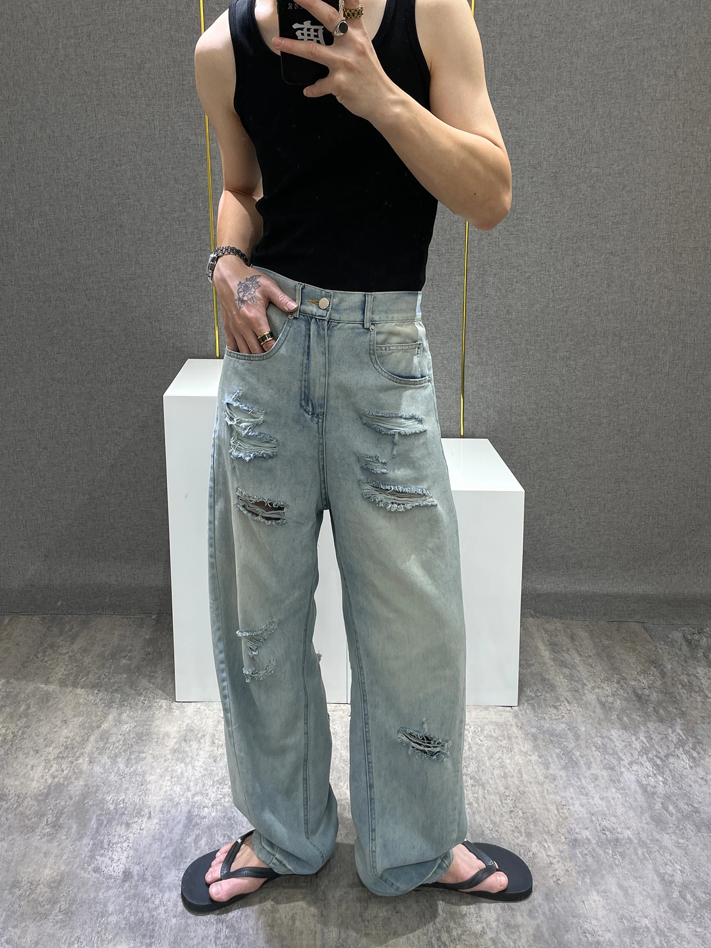 

Light Wa American High Street Men's Jeans Wide Leg Loose Fit Straight Cut Long Trousers Trendy Brand New Model Casual Wear