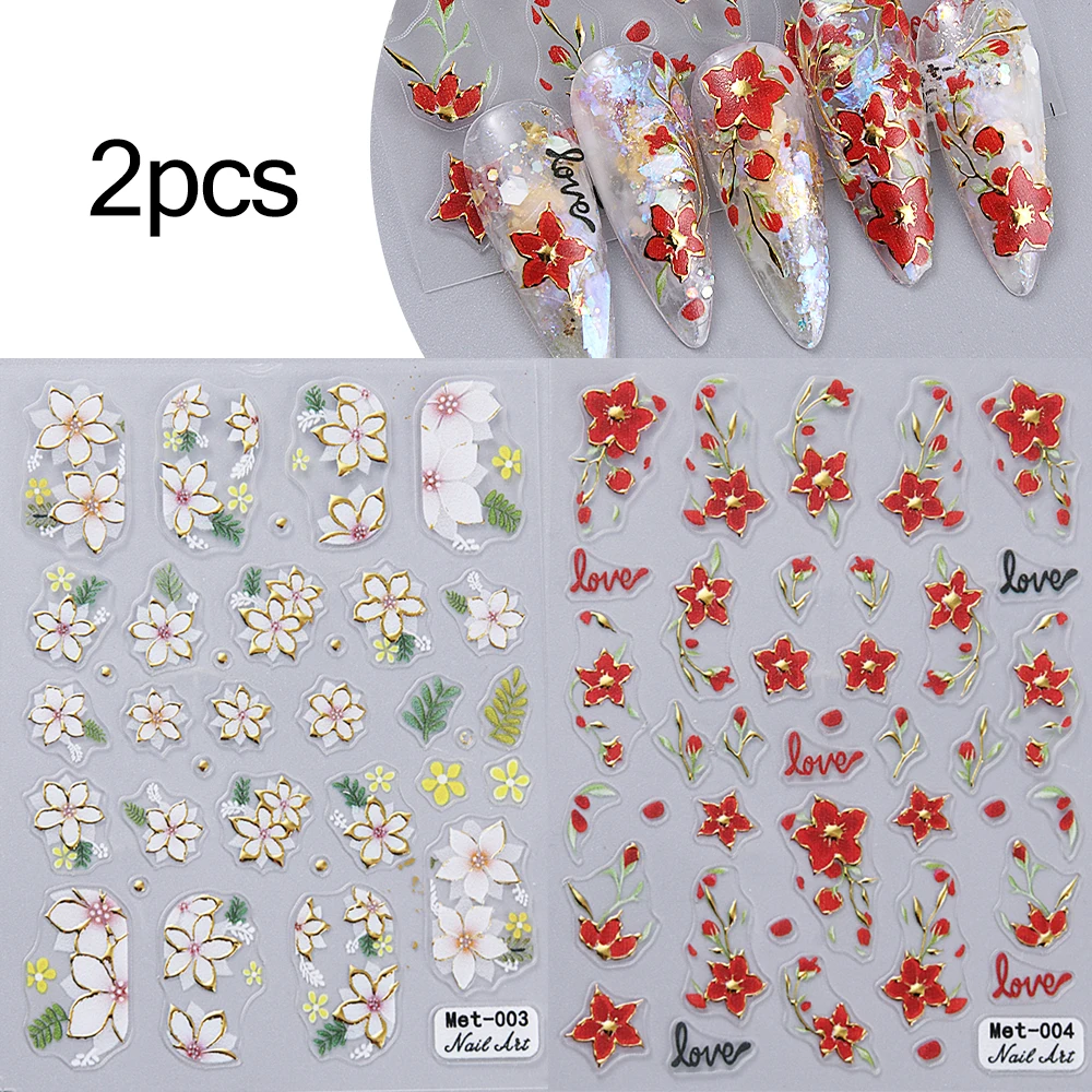 1-2 stuks Gouden Lijn Kersenbloesem 3D Nail Art Stickers Lente Perzik Bloemen Daisy Bloemen Gouden Bladeren Nail Decals Voor DIY manicure