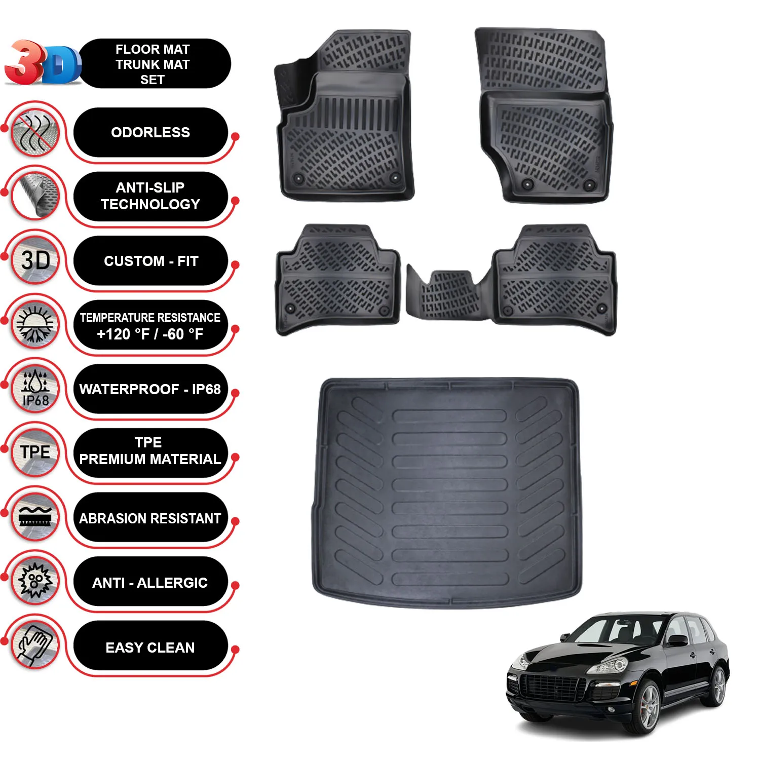 Porsche Cayenne - (2002-2010) - Floor Mats + Cargo Trunk Liner - SET - (Black)