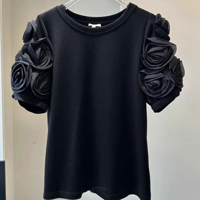 Neploe 2024 Summer New O-neck Tops Women Vintage 3D Flower Short Sleeve T-shirts Y2k Mid-length Loose Black Tee Shirt