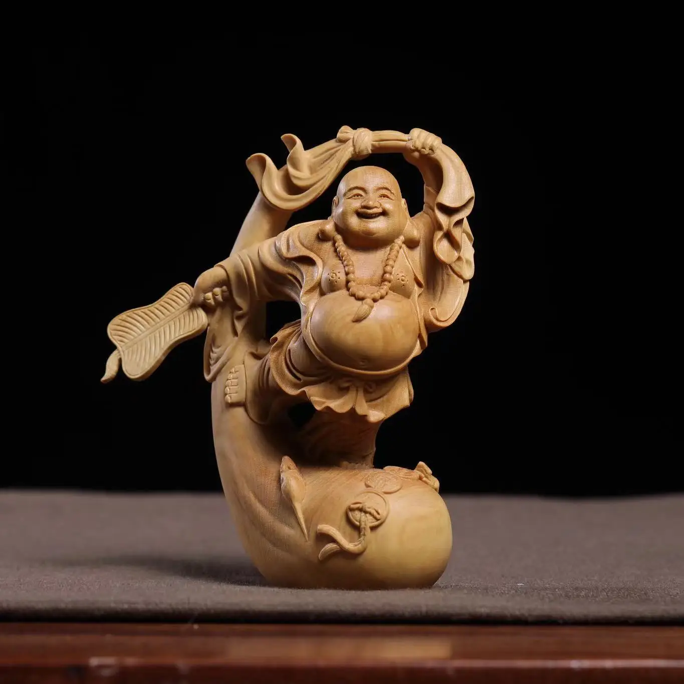 Maitreya lobular boxwood carving ornament solid wood play Buddha statue home boxwood handmade