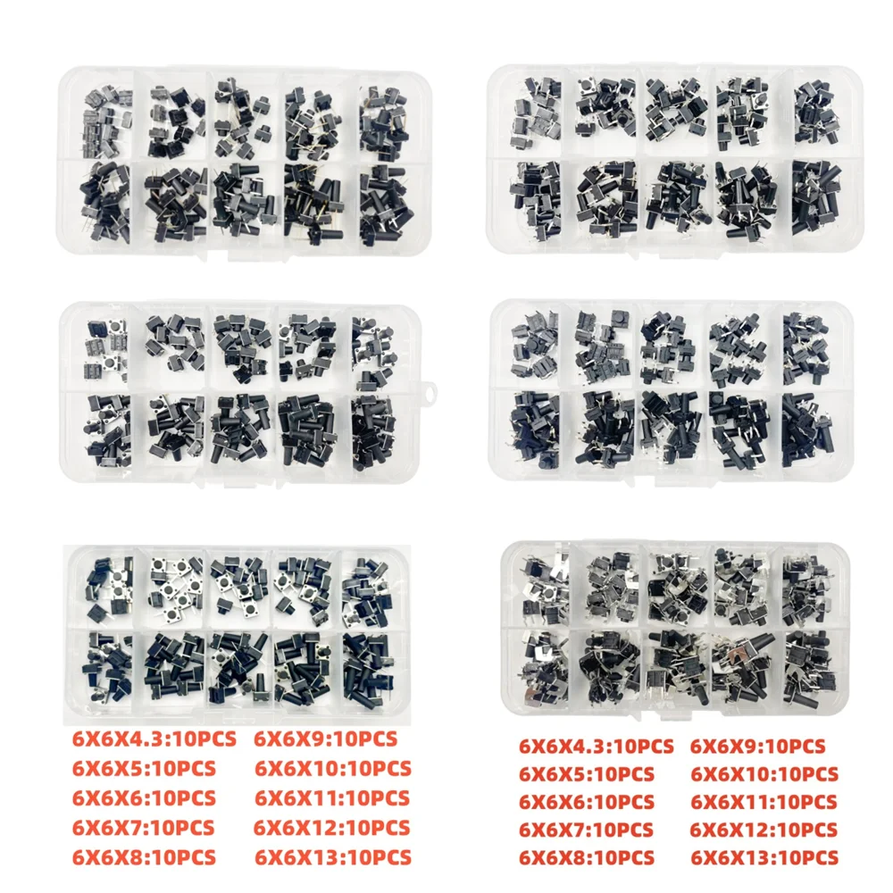 

100 PCS 10 Models 6*6 Tact Switch Tactile Push Button Switch Kit Height: 4.3~13MM DIP/SMD 2 Pin/4 Pin Micro Key Switch 6x6x5mm