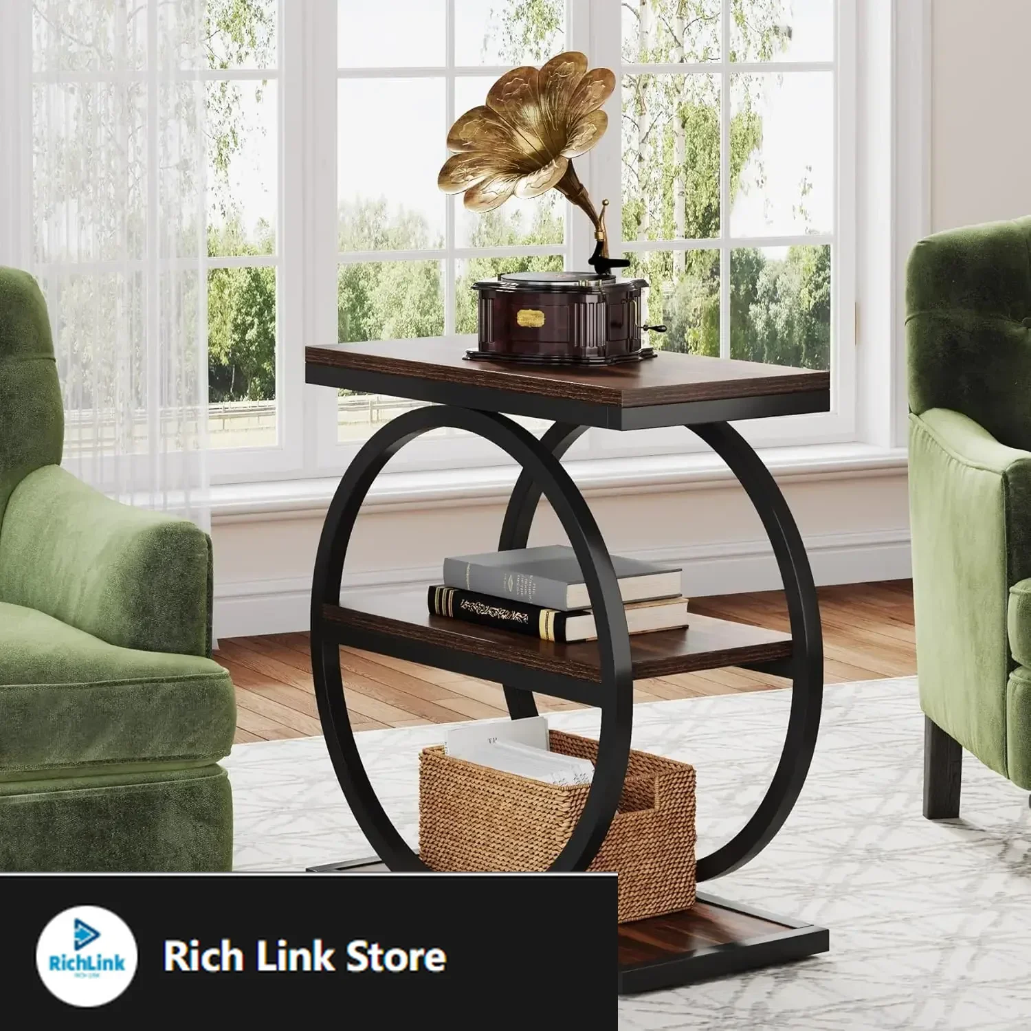 

Узкий торцевой столик с 3 полками для хранения, деревянный приставной столик с черными металлическими каркасами, небольшой приставной столик для промышленного дивана для гостиной