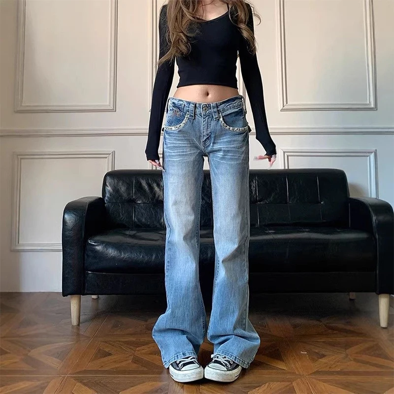 

Американские винтажные джинсы Y2K для женщин: сексуальные облегающие джинсы с низкой посадкой, широкие штанины, модные уличные расклешенные джинсы-клеш