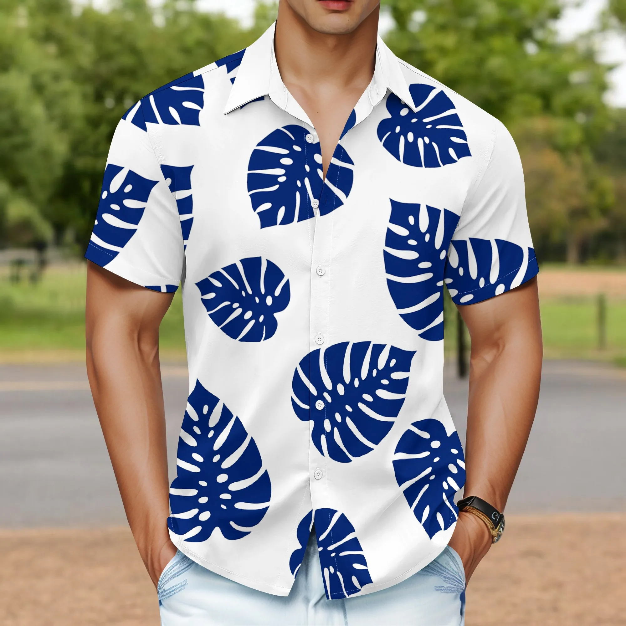 YEAE Blue Monstera Leaf Pattern Shirt for Men Summer Casual Short Sleeve Top