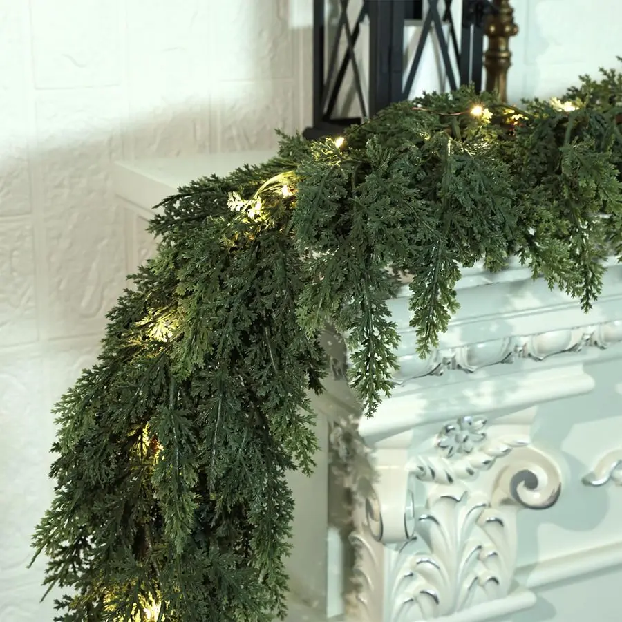 

Christmas Garland with Lights8 Lighting Modes 6FT Real Touch Lush Artificial Prelit Cedar Garlands for Stairs Railing Fireplace