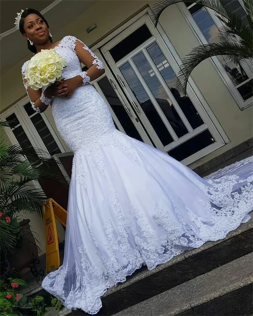 Vestidos De novia De sirena con cuello redondo, manga larga, apliques africanos De tul, Vestidos De novia con cuentas