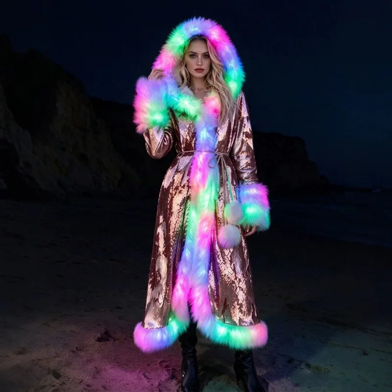 Women LED Sequin Hooded Long Coat Faux Fur Trim Light Up Jacket Christmas Carnival Party Costume Rave Festival Winter Warm
