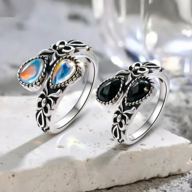 Vintage Gothic Style Inlaid Synthetic Gemstone Textured Opening Ring Fit Unisex Fashion Personality Daily Party Festival Jewelry