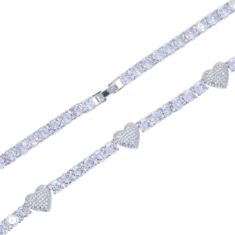 2025 New Iced Out Bling Heart Pendant Necklace Silver Color AAA Zircon 5mm Tennis Chain Charm Women Men Hip Hop Fashion Jewelry