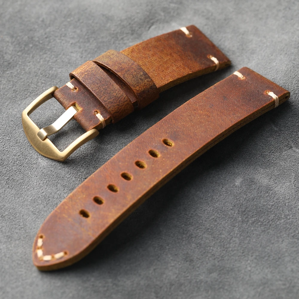 Handmade Thickened Genuine Leather Watch Band, Bronze Watch Accessories 24MM 22MM 20MM Brown Vintage Men\'s Thickened Bracelet