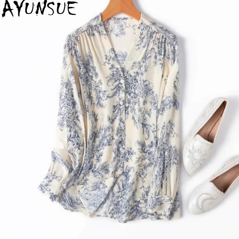 AYUNSUE Spring 100% Mulberry Silk Blouse Woman Long Sleeve Tops for Woman Clothing 2025 Elegant V-Neck Shirts Blusas Para Mujer