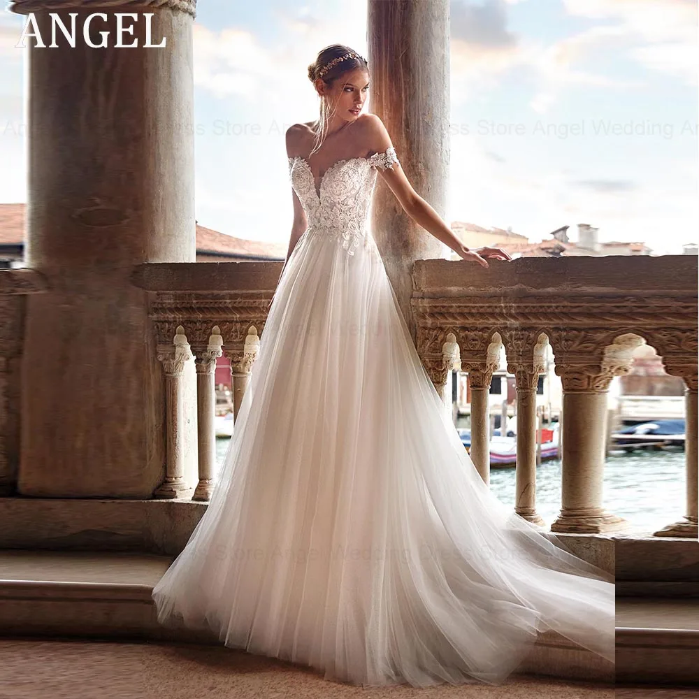 

ANGEL Princess Off Shoulder Sweetheart Wedding Dress Illusion Lace Bridal Gowns Button Applique vestidos de novia A-Line