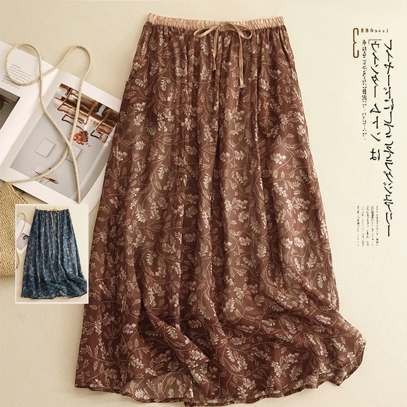 

Retro Sle Double Layered High Waist Printed A-Line Skirt plus Size Women's Casual Summer Long Dr Vintage Field Sle