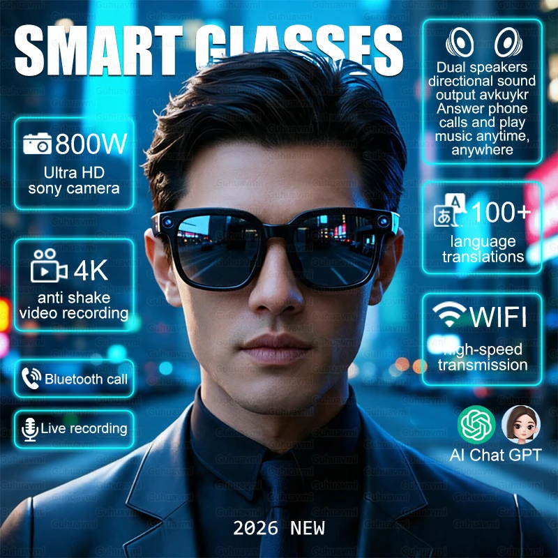 2026 New Smart AI Glasses 800W Shooting Camera HD Photo Video Voice Call Translation Waterproof Bluetooth AI Sunglasses For Men