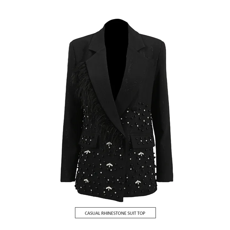 

European American light luxury high sense heavy industry hot diamond bead suit new long-sleeved V-neck ropa mujer outerwears trf