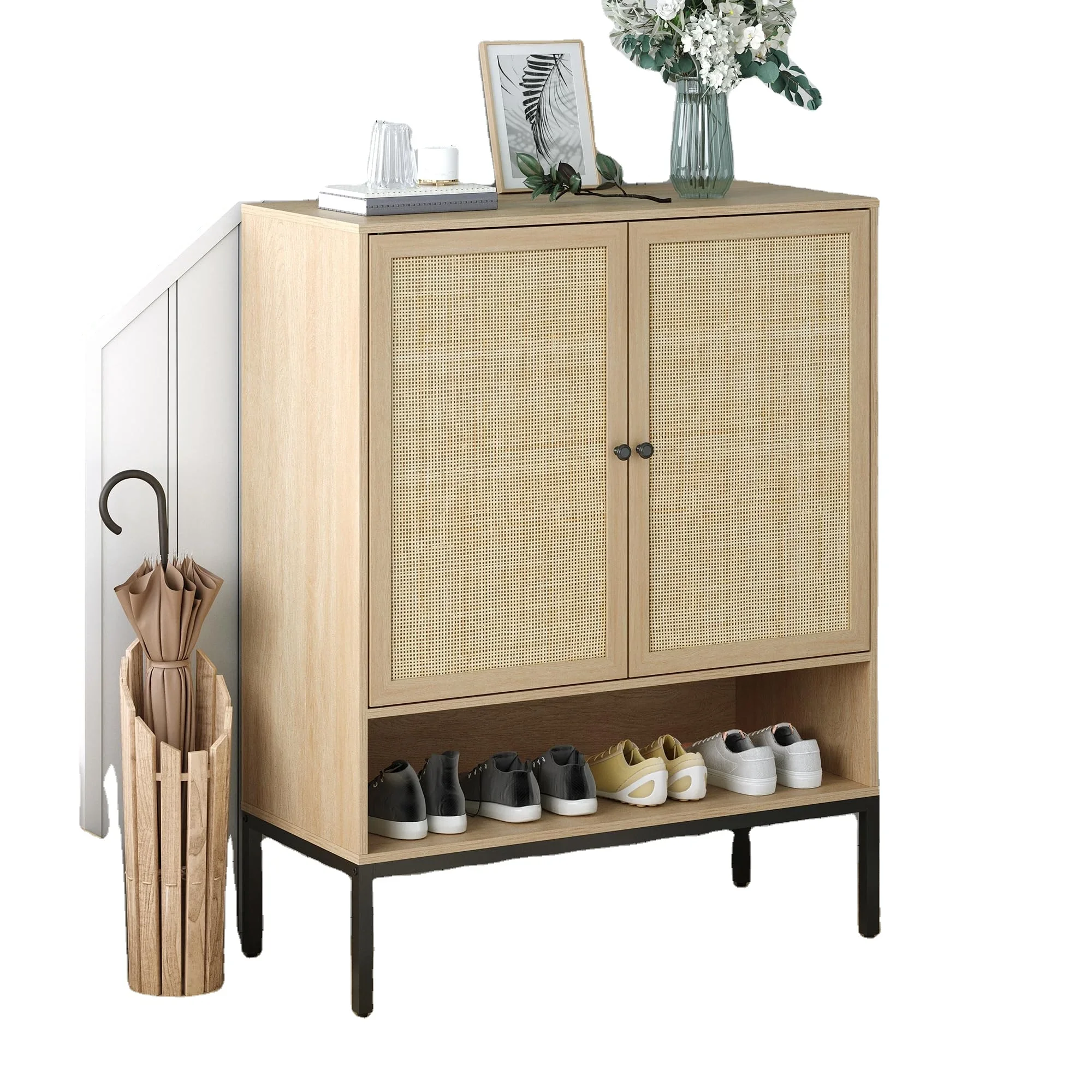 Durable Wholesale Wooden Furniture Large Storage Modern Shoe Cabinet with Adjustable Shelving and Natural Woven Rattan Door