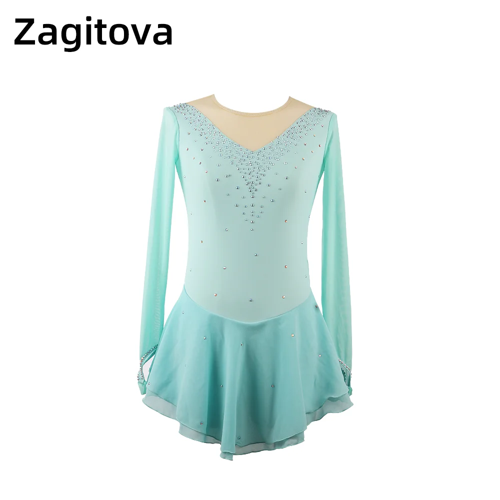 Zagitova Figure Skating Performance Dress Women Girls Ice Skating Skirt Long Sleeve Mint Color Mesh Skirt Competition