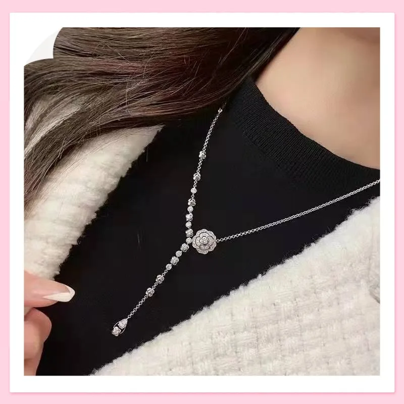 

Новое элегантное ожерелье с двойной бахромой, серебряное, с розой и камелией, полностью инкрустированное бриллиантами, для женщин