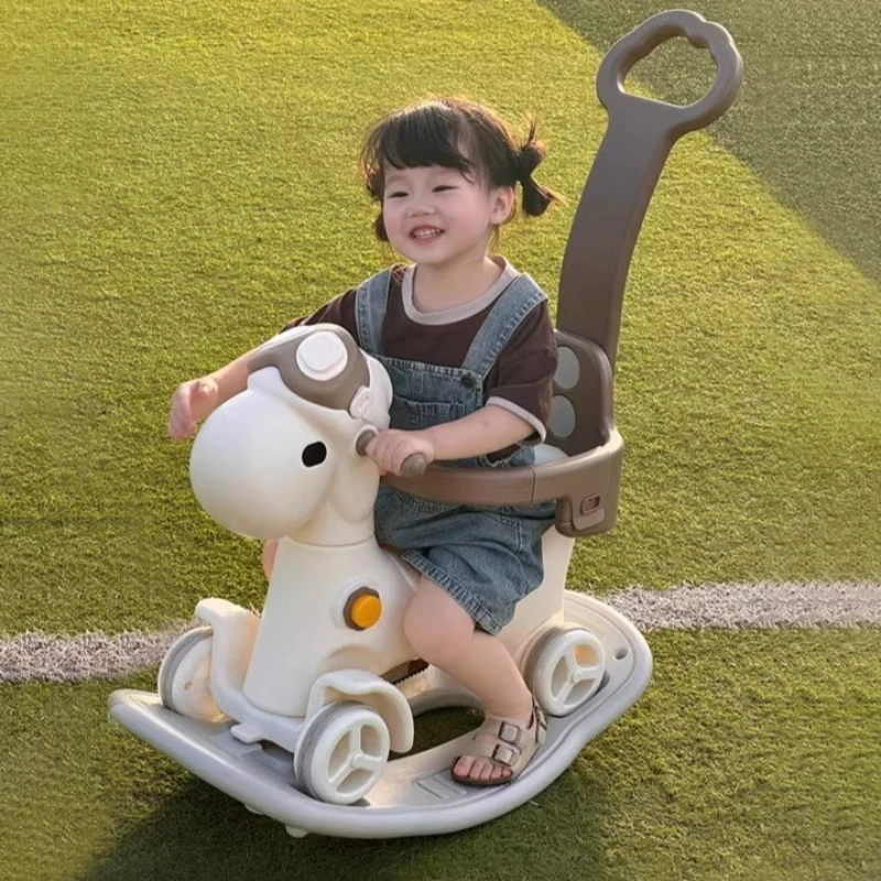 

Kids Rocking Horse Sports Toys Children Ride on Toy with Push Handle Safety Guardrail Balance Board Outdoor Adjustable Ride Toy