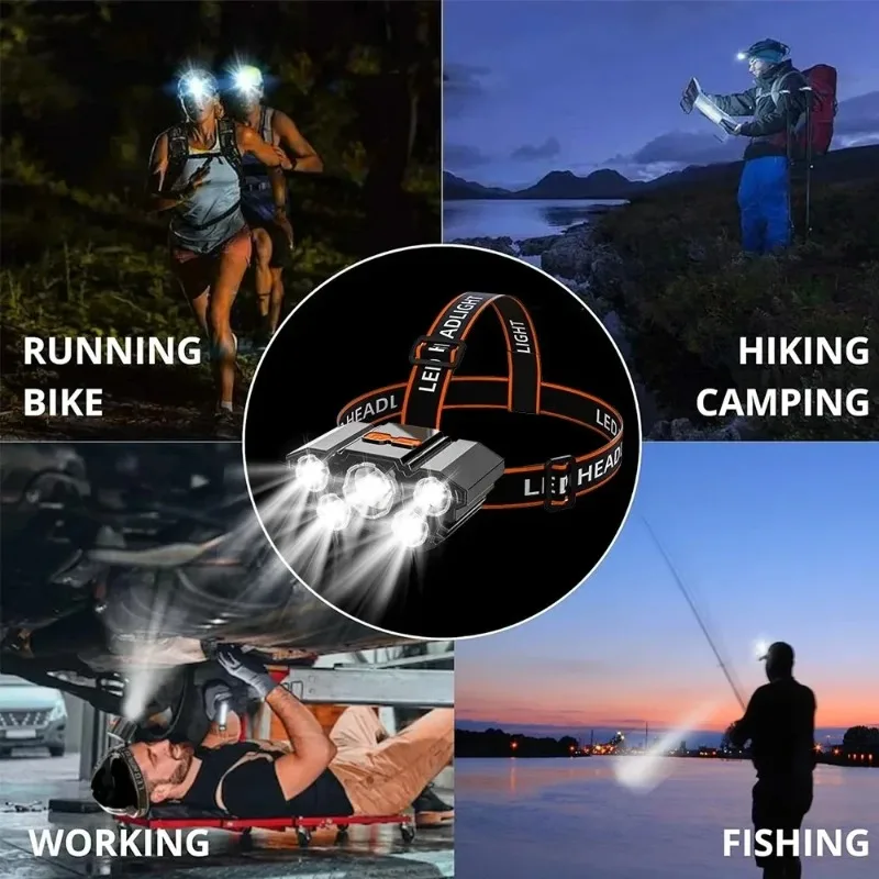 5개의 램프 비드가 있는 USB 충전식 LED 헤드램프 4가지 조명 모드 탄성 헤드밴드 경량 휴대용 헤드라이트
