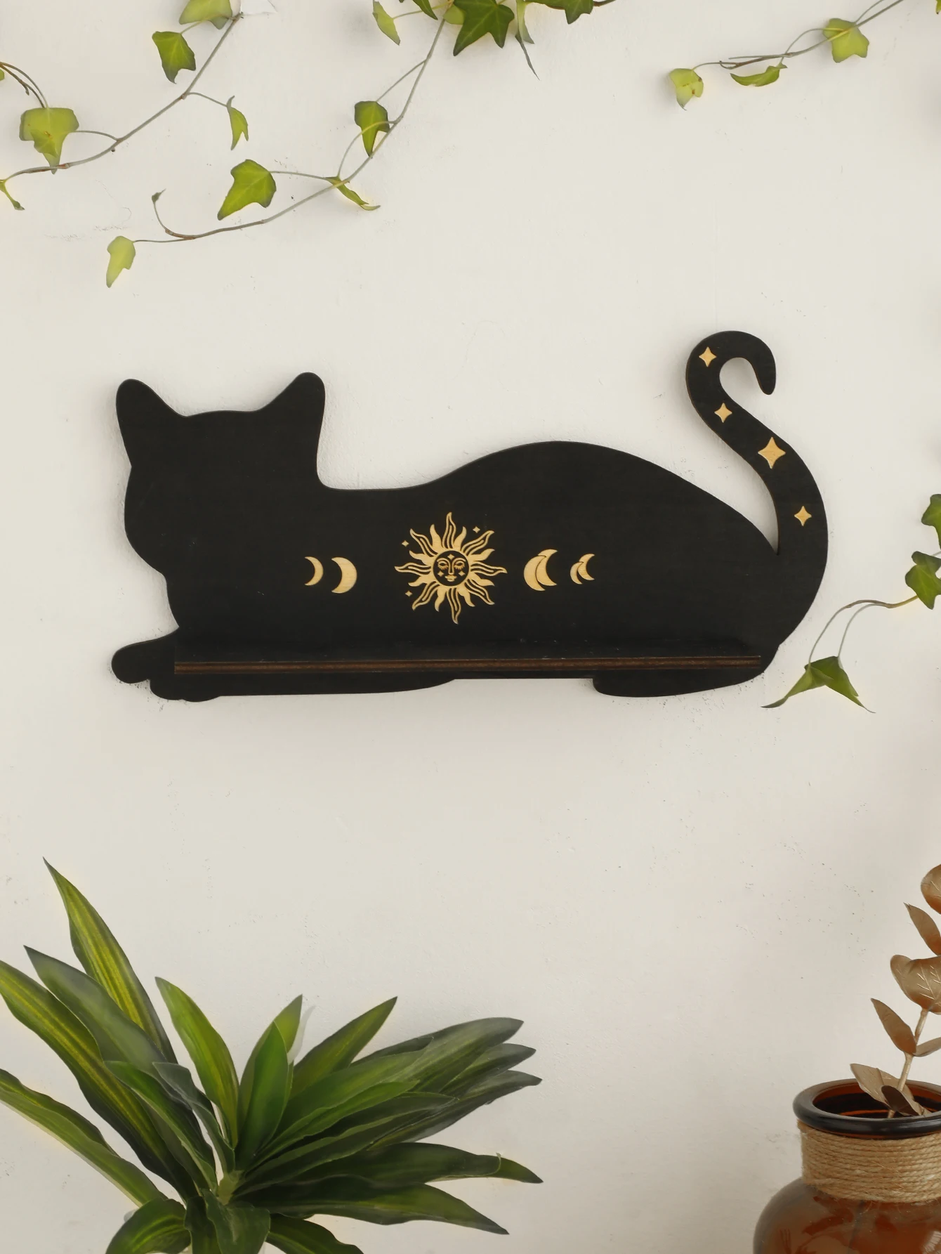 Black Cat Wooden Shelf Moon Phase Chakra Crystal Stone Display Stand Wall Shelf  Witch Home Decor Gothic Room Decor Home Bedroom