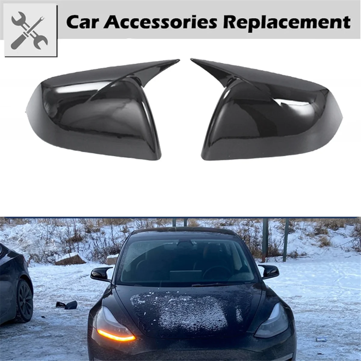 Black Carbon Fiber Black Car Horn Style Rearview Side Mirror Cover Caps for Tesla Model Y 2021 2022