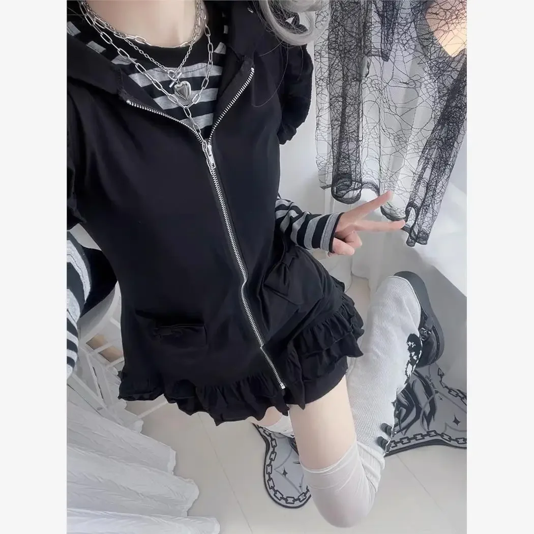 Ruibbit New Arrival Spicy Girl Striped Patchwork Sleeve Top Cat Ear Hooded Sleeveless Jacket Two-piece Set Y2k Sweatshirt Hoodie