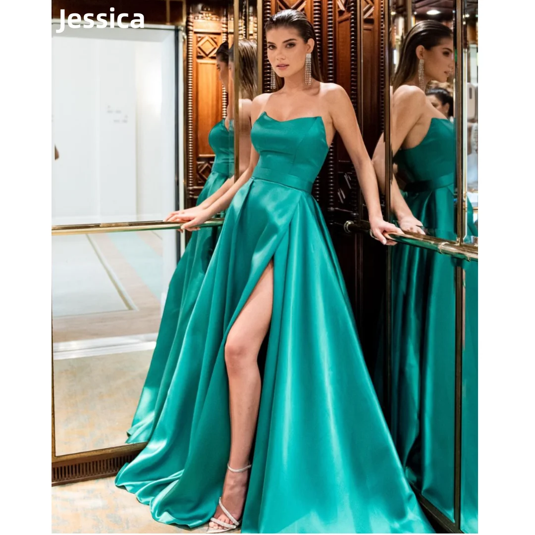 

Jessica Green Prom Dresses Luxury Satin Formal Women's Evening Dresses Sexy Strapless Wedding Party Dress Robes De Soirée