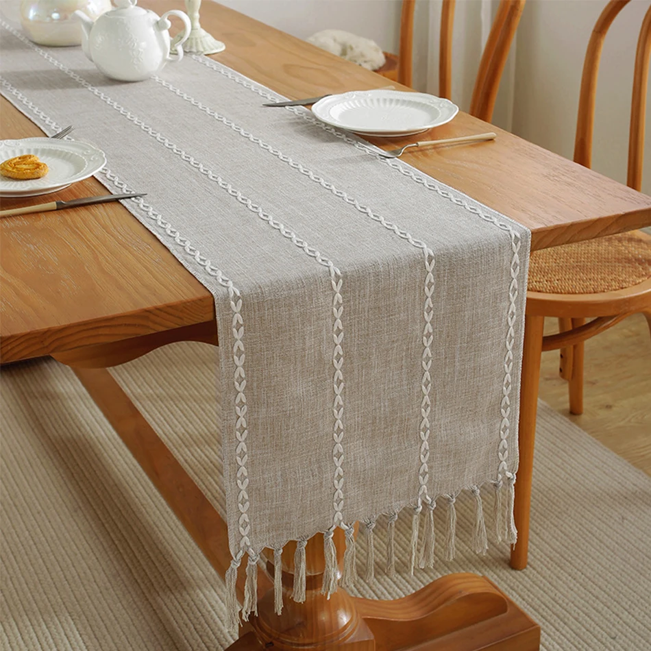 Cotton Linen Table Runner,Embroidery Hand-woven Tassels Perfect for Wedding Party Dinner Teatable Decor