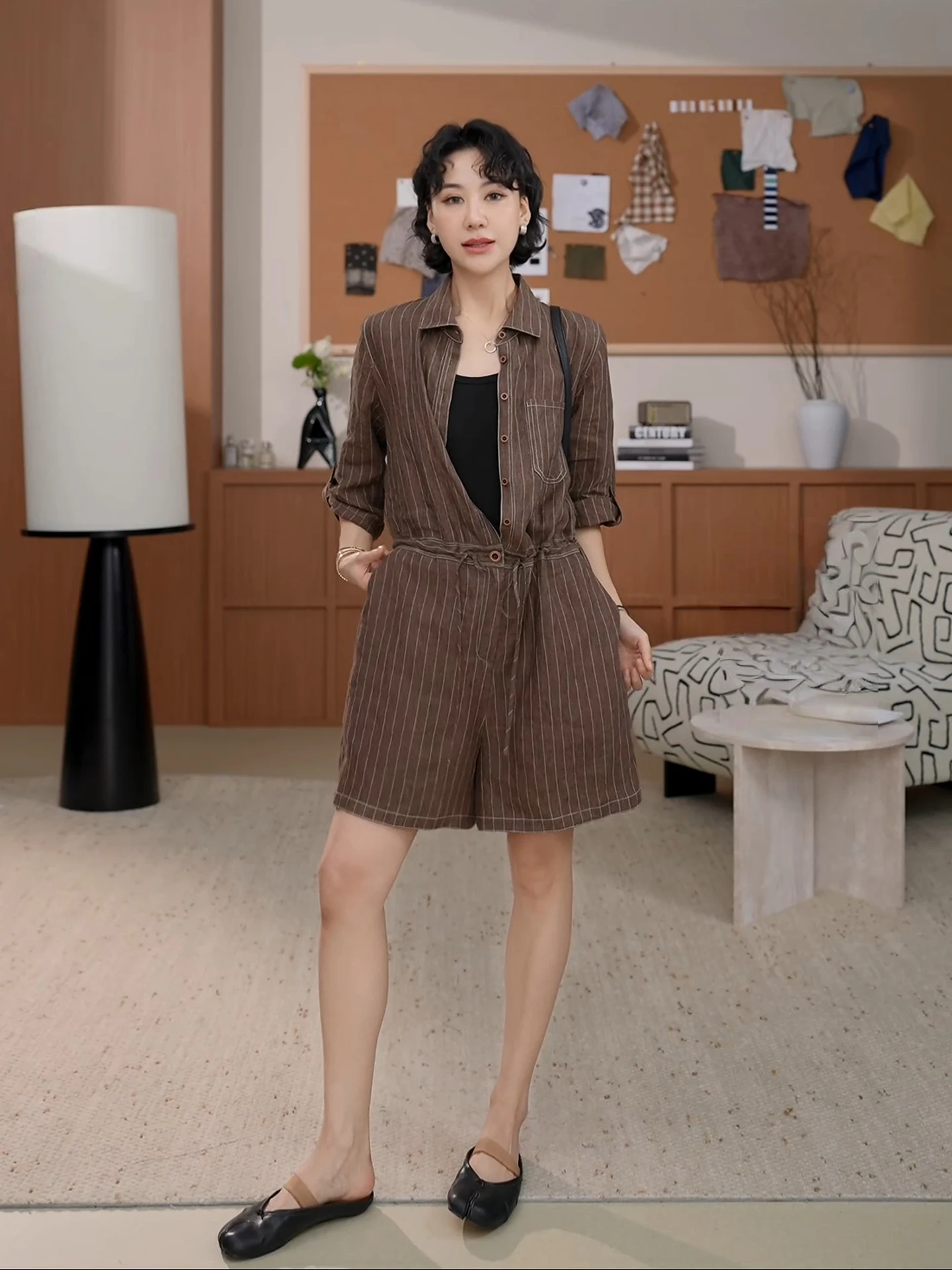 

Женский комбинезон TT Autumn R Palete из льняной ткани в полоску с завязками, с воротником и рукавом 3/4, в ретро-стиле