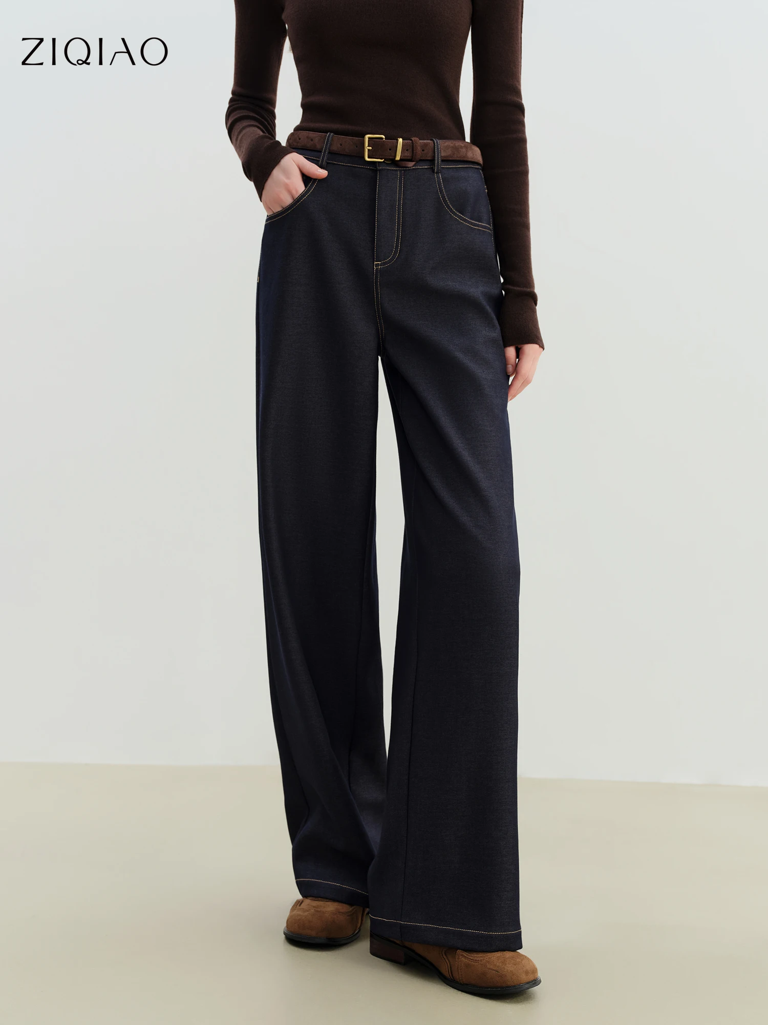 

ZIQIAO Petite Women's Mock Denim Straight-Leg Casual Pants 2025 Winter New Arrival Thickened Wide Leg Slimming Long Blue Pants