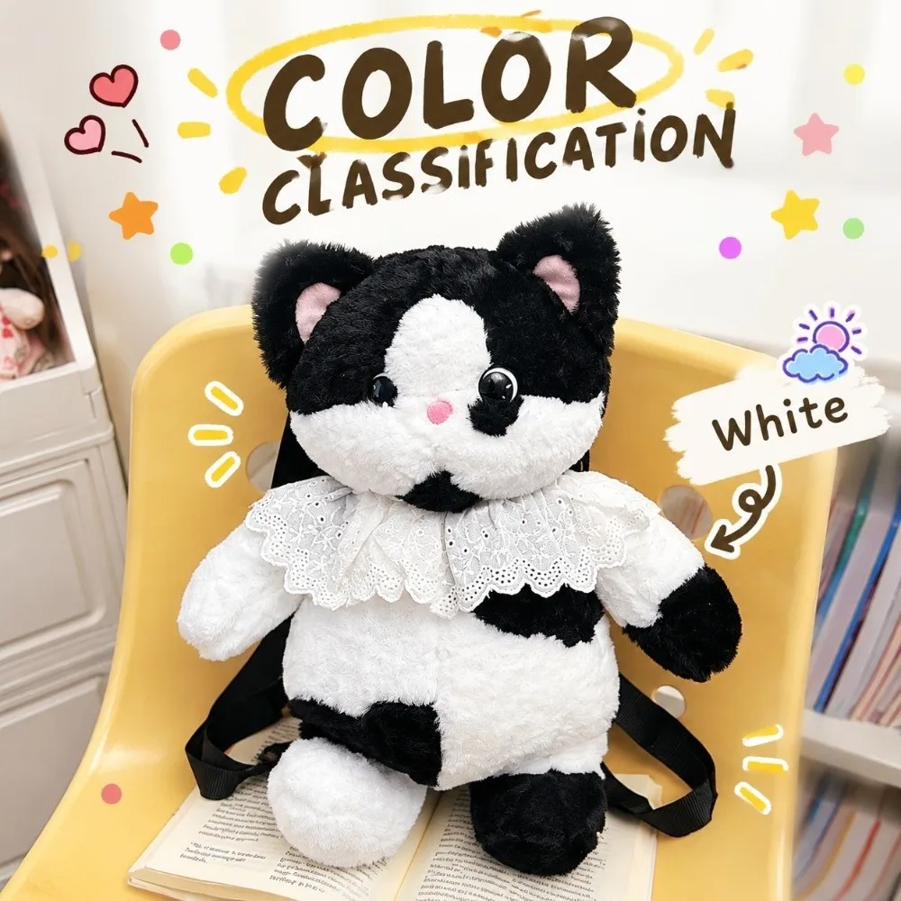Black White Furry Cat Backpack Lightweight Adjustable Strap Cat Shoulder Bag Zippered Animal Purse Adult/Student/Children