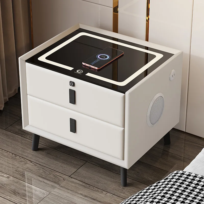 Nordic Style Smart Bedside Table with 2 Drawers 50cm Leather Nightstands with Wireless Charging Home Side Cabinet with USB