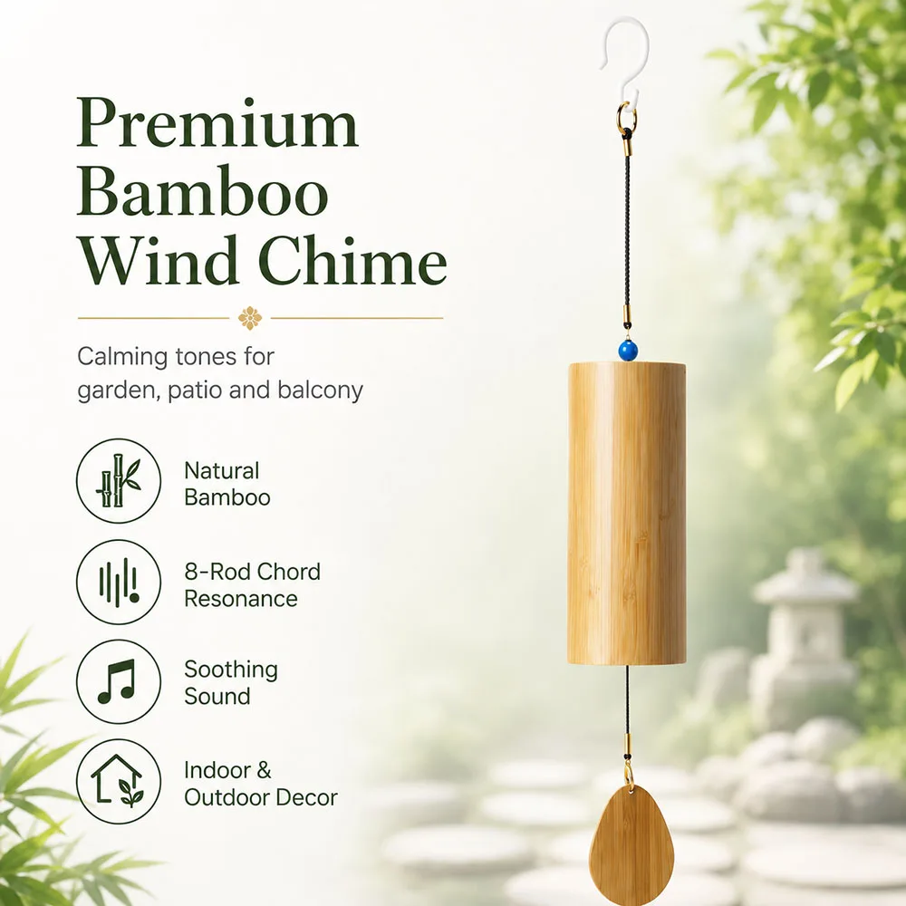 8 Rod Bamboo Wind Chimes Tuned C F D G Notes, Natural Wooden Hanging Wind Bell for Garden Patio Outdoor Home Decor